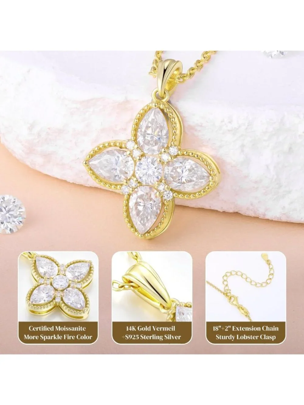 Dainty Moissanite Four-Leaf Clover Necklace | 925 Sterling Silver & Gold